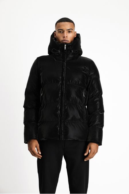 Hooded Puffer Jacket with Leather Look