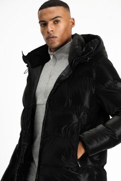 Hooded Puffer Jacket with Leather Look