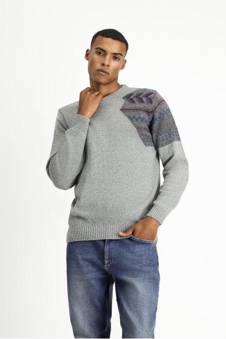 Rundhals-Slim-Fit-Gemusterter Wollstrickpullover