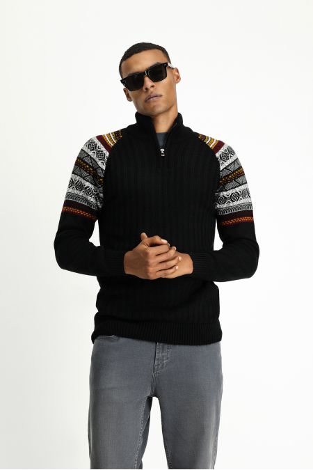 Bateau Neck Slim Fit Patterned Knit Sweater with Zipper