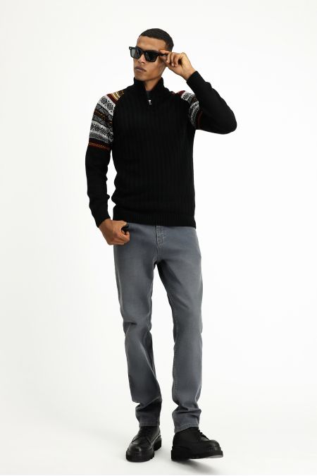 Bateau Neck Slim Fit Patterned Knit Sweater with Zipper