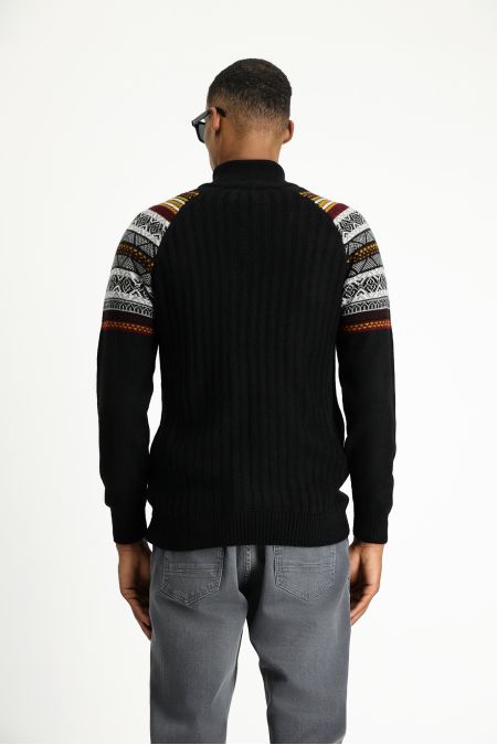 Bateau Neck Slim Fit Patterned Knit Sweater with Zipper