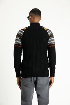 Bateau Neck Slim Fit Patterned Knit Sweater with Zipper