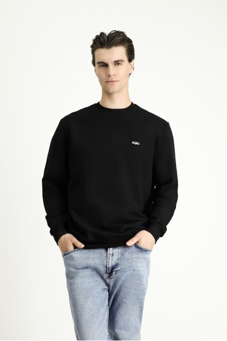 Rundhals Regular Fit Besticktes Baumwoll-Sweatshirt